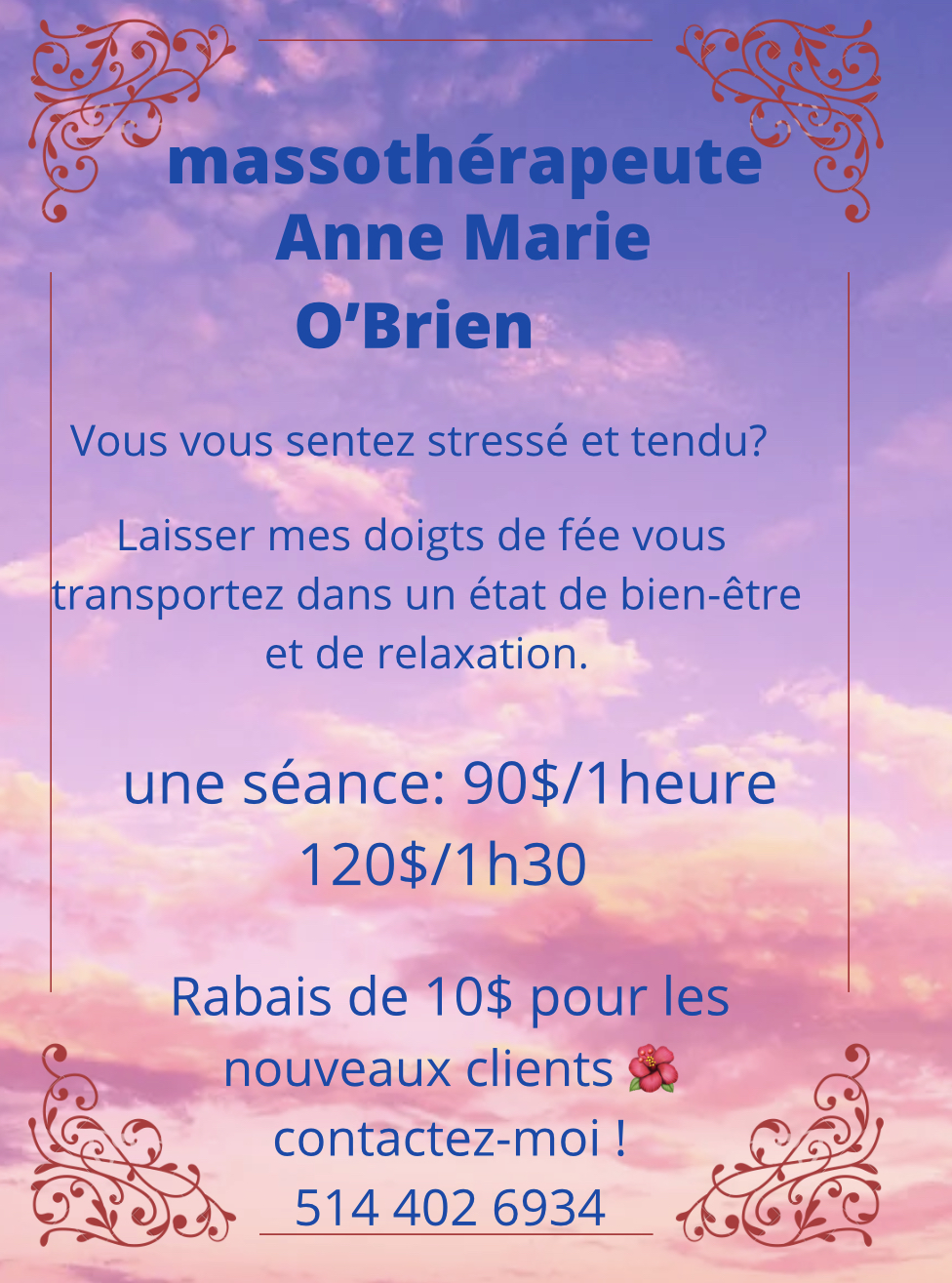 AnneMarieO’brien Massothérapie | 13e Av, Saint-Zotique, QC J0P 1Z0, Canada | Phone: (514) 402-6934