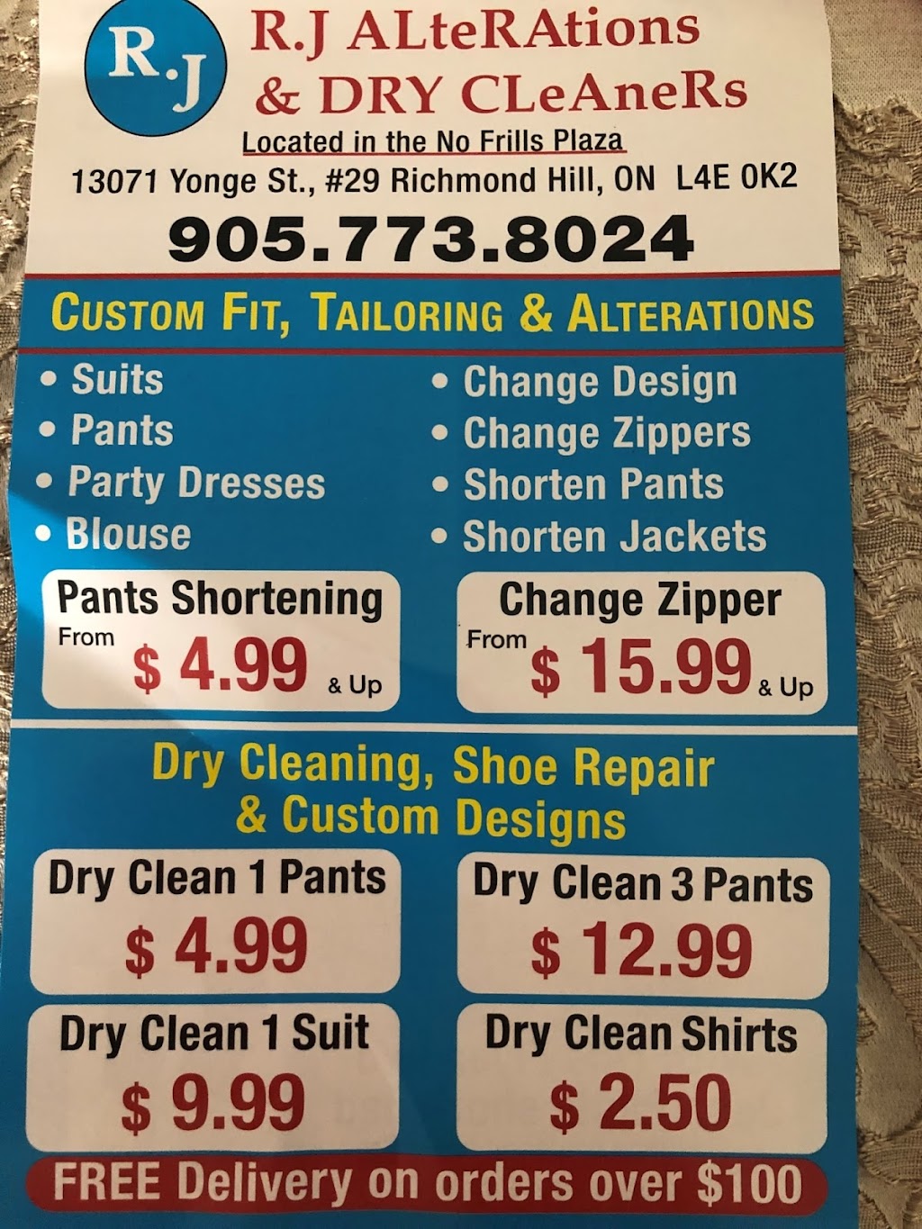 R.j Alterations & Dry Cleaning | 13071 Yonge St, Richmond Hill, ON L4E 1A5, Canada | Phone: (905) 773-8024