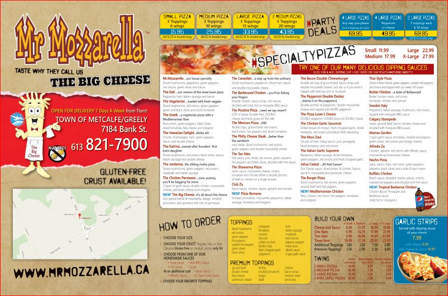 Mr. Mozzarella Pizza and Wings | 7184 Bank St, Metcalfe, ON K0A 2P0, Canada | Phone: (613) 821-7900