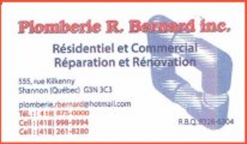 Plomberie R Bernard Inc | 555 rue Kilkenny, Shannon, QC G3N 3C3, Canada | Phone: (418) 261-8280