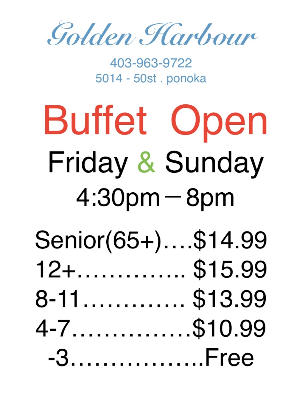 Golden Harbour Restaurant | 5014 50 St, Ponoka, AB T4J 1R5, Canada | Phone: (403) 963-9722