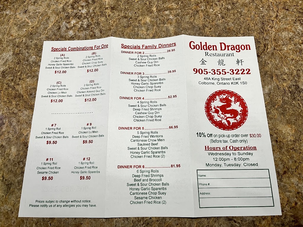 Golden Dragon Restaurant | 48a King St E, Colborne, ON K0K 1S0, Canada | Phone: (905) 355-3222
