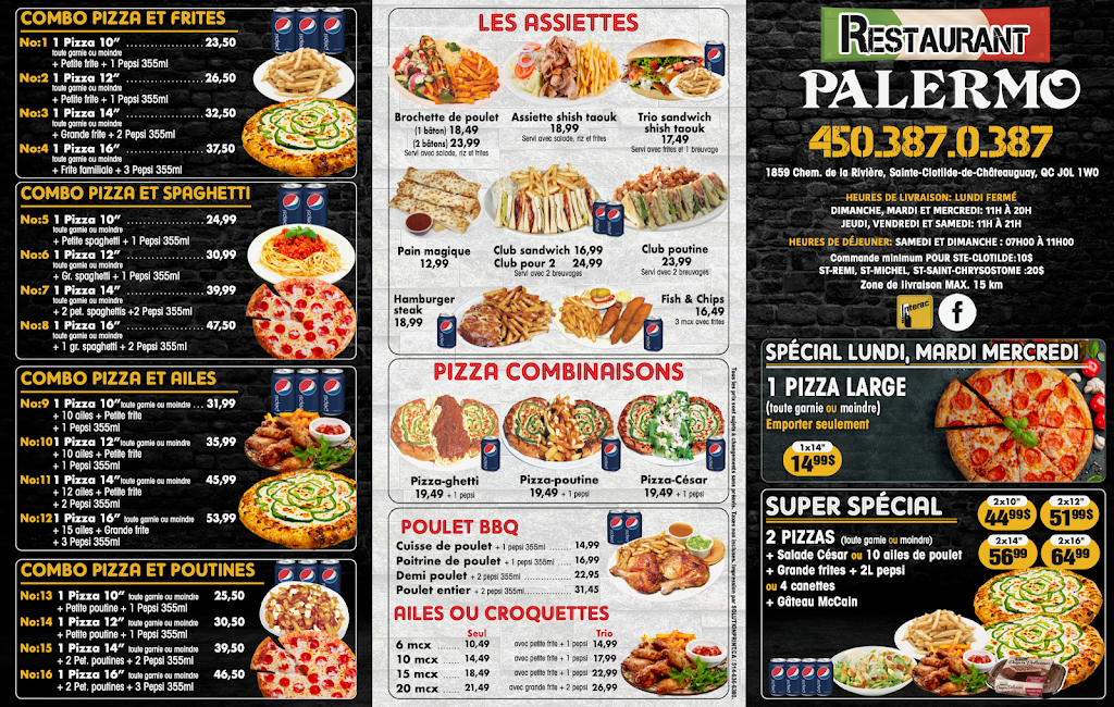 Restaurant Palermo - Sainte-Clotilde | 1859 Chem. de la Rivière, Sainte-Clotilde-de-Châteauguay, QC J0L 1W0, Canada | Phone: (450) 387-0387