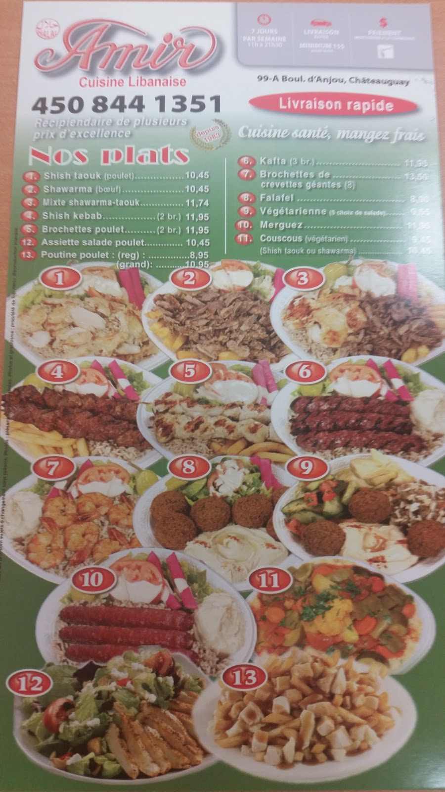 Restaurant Amir | 99A Boulevard DAnjou, Châteauguay, QC J6J 2R2, Canada | Phone: (450) 844-1351