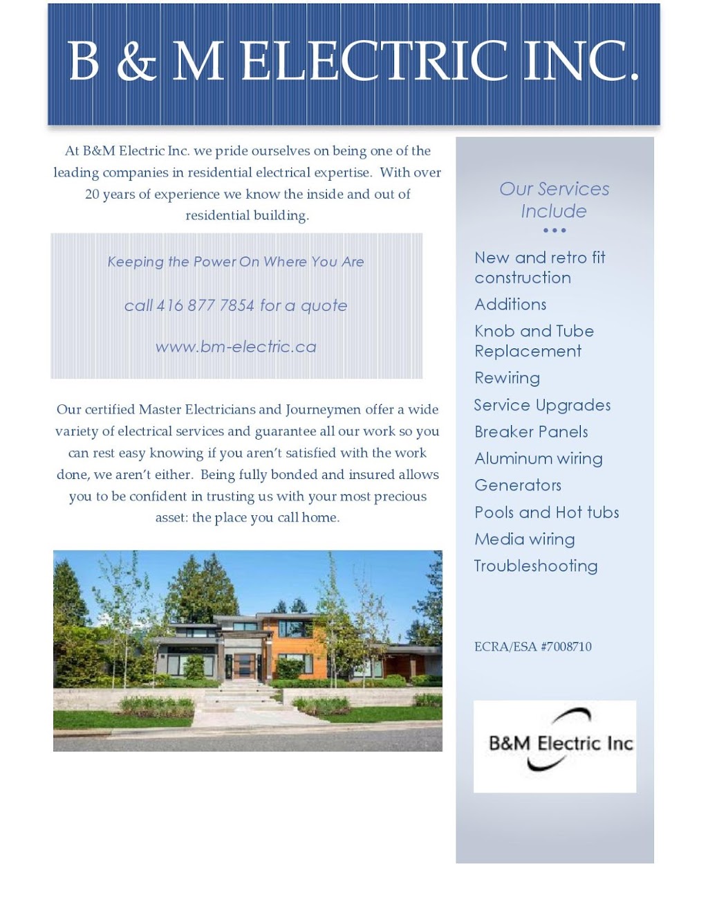 B&M Electric, Inc. | 62 Ravenscrest Dr, Etobicoke, ON M9B 5M7, Canada | Phone: (416) 877-7854