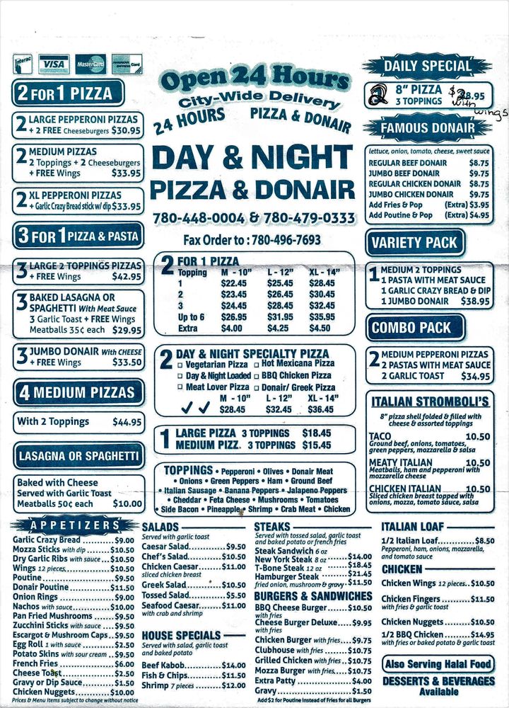 Day and Night Pizza & Donair | 9715 118 Ave NW, Edmonton, AB T5G 0P4, Canada | Phone: (780) 448-0004