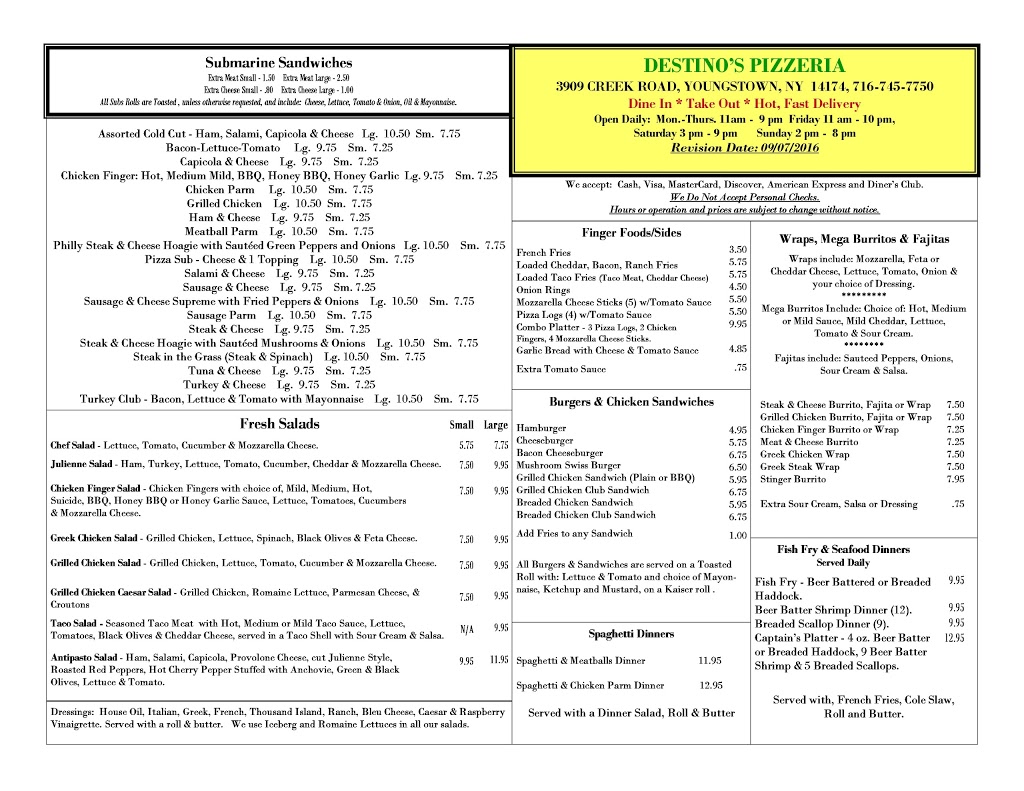 Destinos Pizzeria | 3909 Creek Rd, Youngstown, NY 14174, USA | Phone: (716) 745-7750