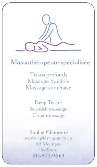 Massothérapie Sophie Chaurette | 65 Rue Montigny, LÎle-Bizard, QC H9E 1C2, Canada | Phone: (514) 922-9663