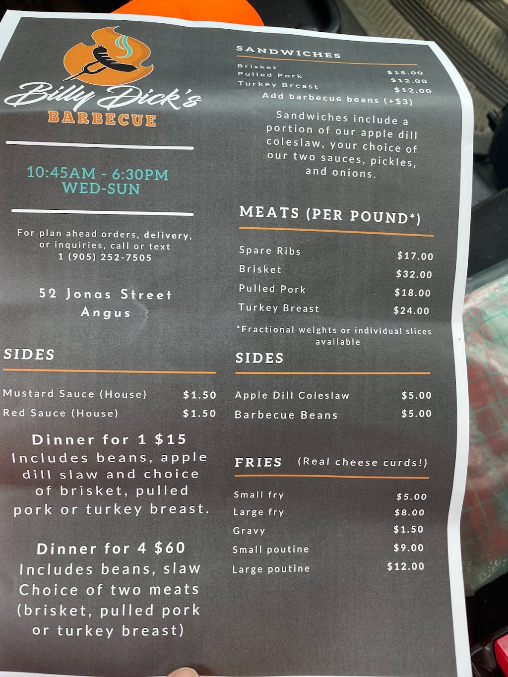 Billy Dicks Barbecue | 52 Jonas St, Angus, ON L0M 1B0, Canada | Phone: (905) 252-7505
