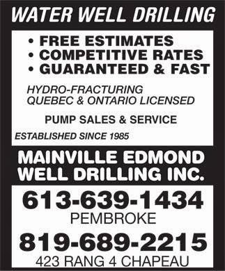 Edmond Mainville Well Drilling Inc | 423 Chem. du 4 Rang, Chapeau, QC J0X 1M0, Canada | Phone: (613) 639-1434