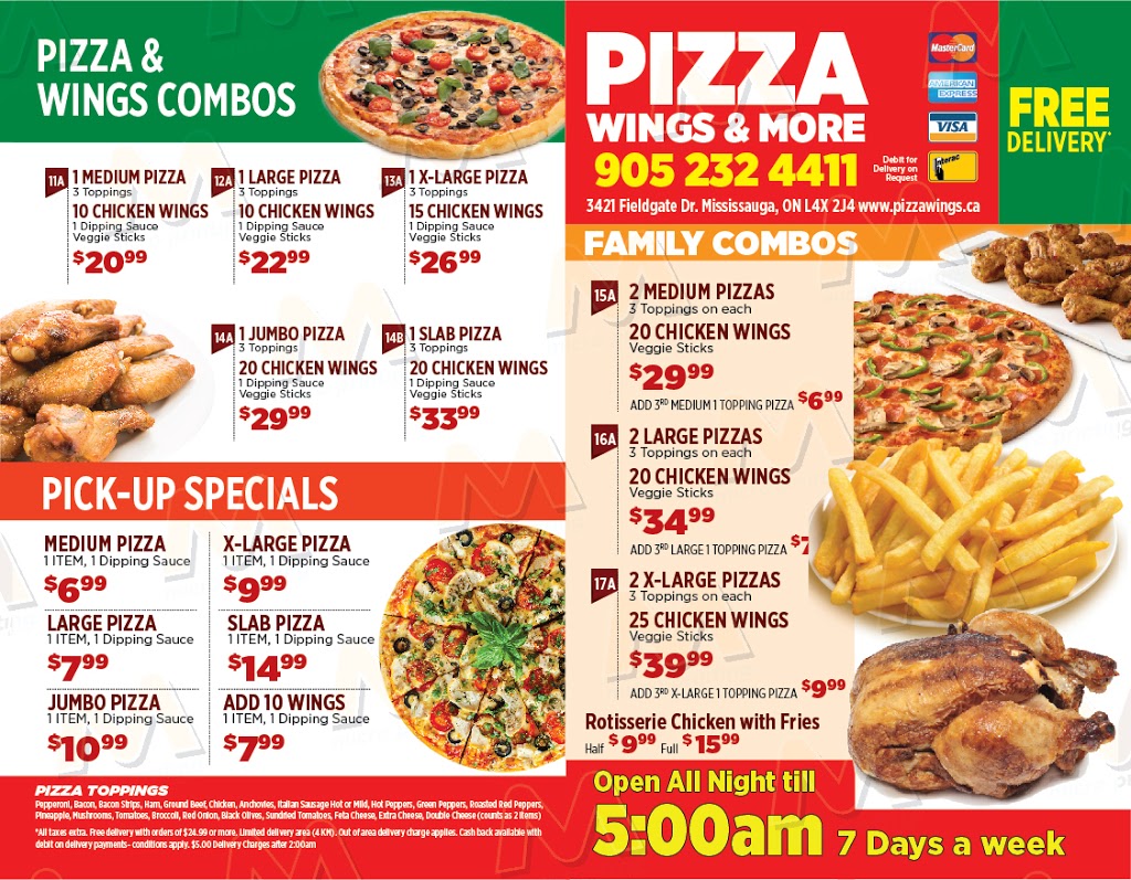 Pizza Wings & More | 3421 Fieldgate Dr, Mississauga, ON L4X 2J4, Canada | Phone: (905) 232-4411