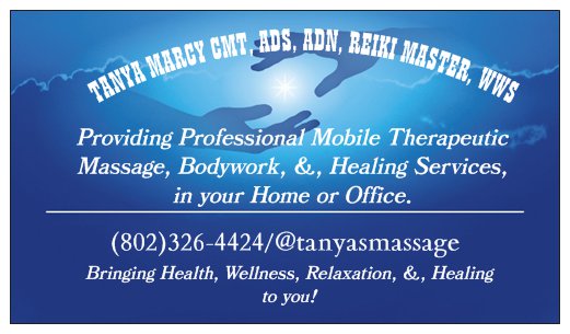 Tanya Marcy CMT, ADS, ADN, Reiki Master | 190 S Brook Rd, Montgomery Center, VT 05471, USA | Phone: (802) 326-4424