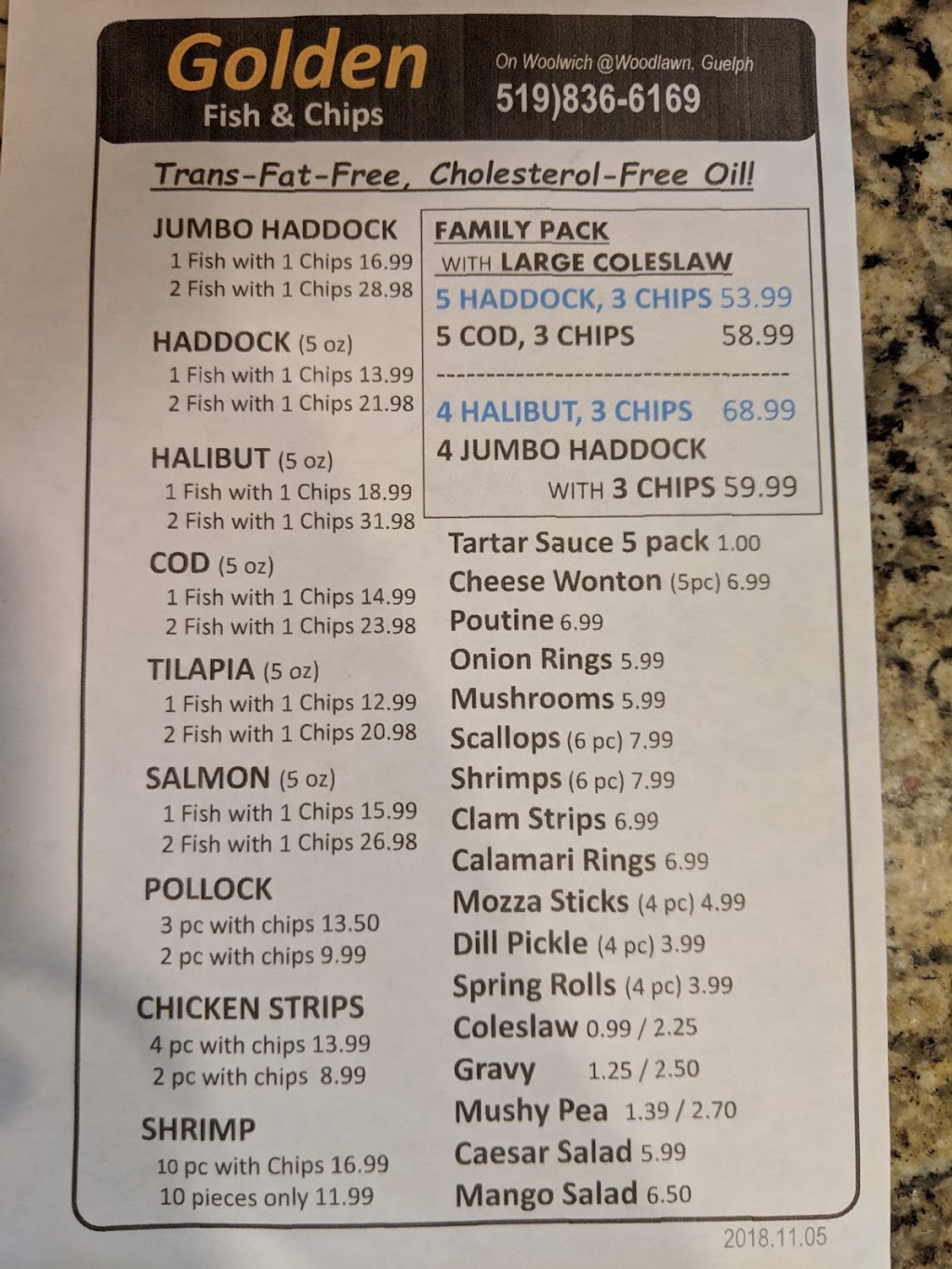 Golden Fish and Chips | 787 Woolwich St, Guelph, ON N1H 3Z1, Canada | Phone: (519) 836-6169