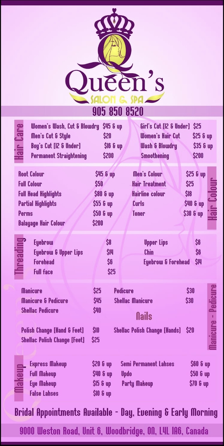 Queen’s Salon & Spa Inc. | 9000 Weston Rd Unit 6, Woodbridge, ON L4L 1A6, Canada | Phone: (905) 850-8520