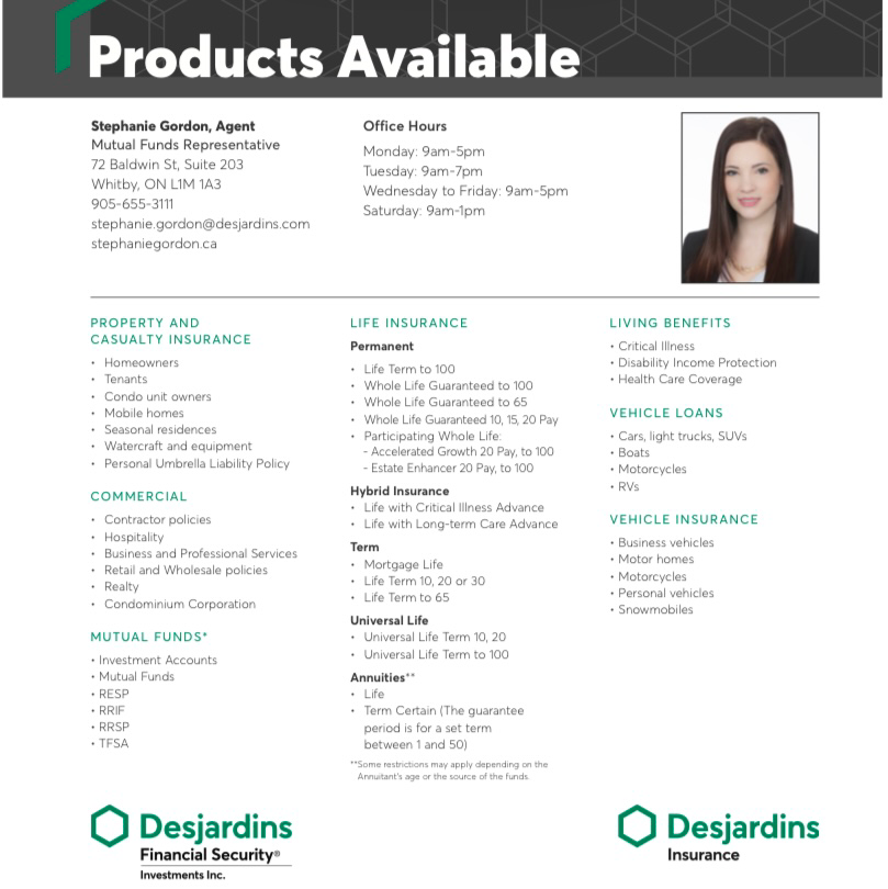 Stephanie Gordon Desjardins Insurance Agent | 72 Baldwin St Ste 203, Whitby, ON L1M 1A3, Canada | Phone: (905) 655-3111