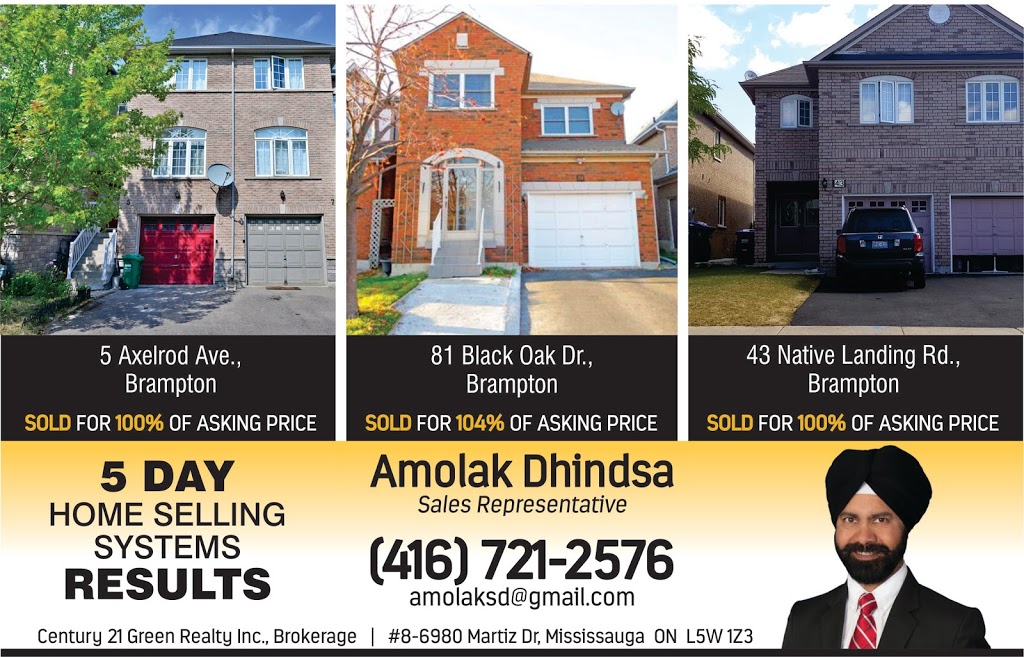 Amolak Dhindsa Century 21 Green Realty Inc, Brokerage | 6980 Maritz Dr #8, Mississauga, ON L5W 1Z3, Canada | Phone: (416) 721-2576