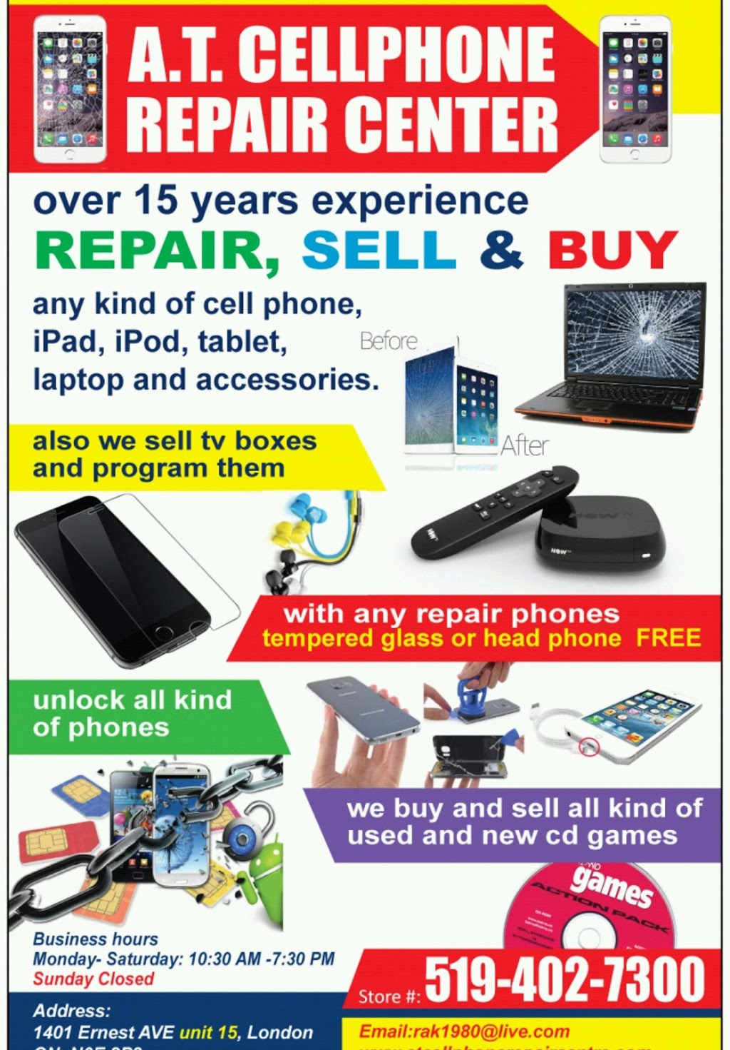A.T. Cellphone Repair Centre | 1401 Ernest Ave, London, ON N6E 2Y8, Canada | Phone: (519) 204-7300