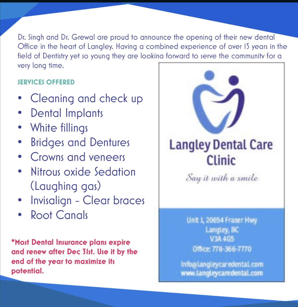 Langley Dental Care Clinic | dentist | 20654 Fraser Hwy Unit #1, Langley City, BC V3A 4G5, Canada | 7783667770 OR +1 778-366-7770
