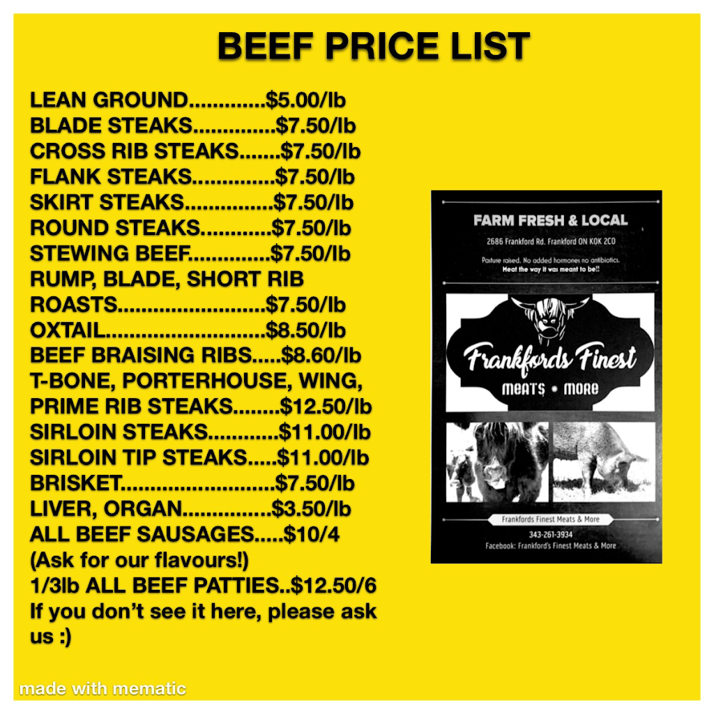 Frankford’s Finest meats & more | 2686 Frankford Rd, Frankford, ON K0K 2C0, Canada | Phone: (343) 261-3934