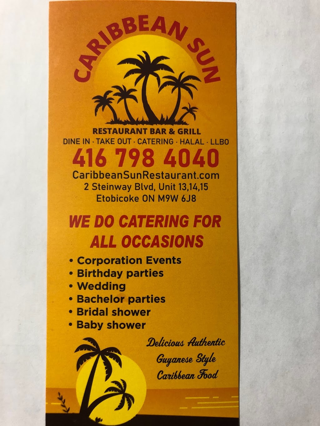 Caribbean Sun Restaurant, Bar & Grill | 2 Steinway Blvd unit 13,14,15, Etobicoke, ON M9W 6J8, Canada | Phone: (416) 798-4040
