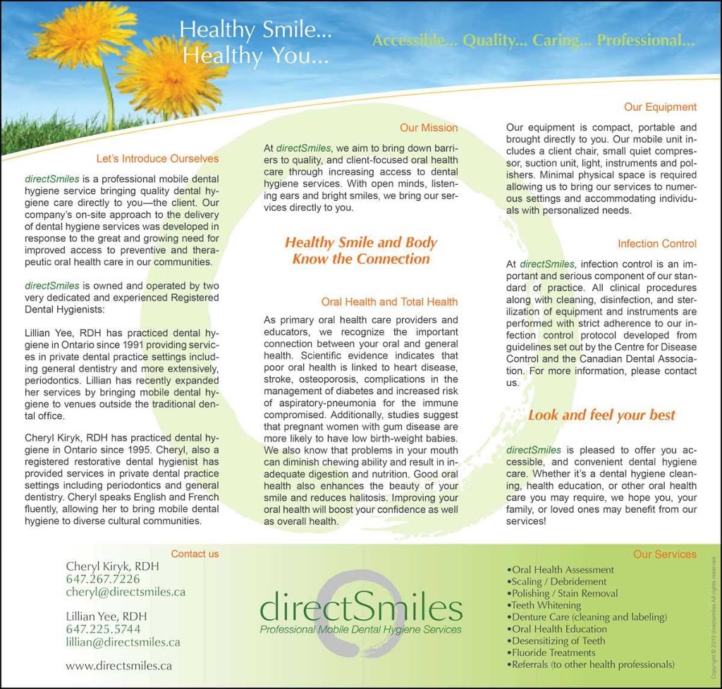 directSmiles Mobile Dental Hygiene Services | 2786 Huntingdon Trail, Oakville, ON L6J 7G5, Canada | Phone: (647) 225-5744