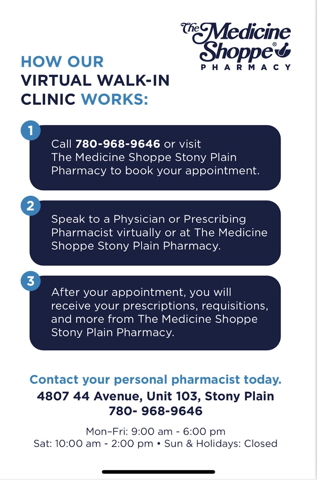 Stony Plain Virtual Walk In Clinic | Located Inside Medicine Shoppe, 4807 44 Ave Unit 103, Stony Plain, AB T7Z 1V5, Canada | Phone: (780) 968-9646