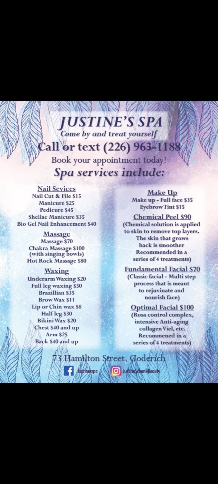 Justines Spa | 73 Hamilton St, Goderich, ON N7A 1R1, Canada | Phone: (226) 963-1188