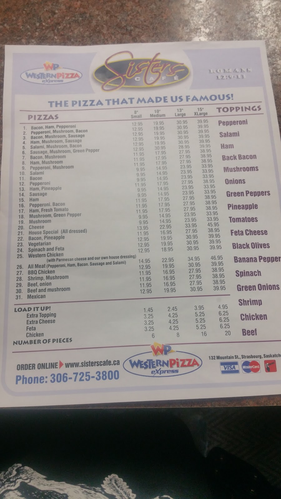 Sisters Cafe Western Pizza | 132 Mountain St, Strasbourg, SK S0G 4V0, Canada | Phone: (306) 725-3800