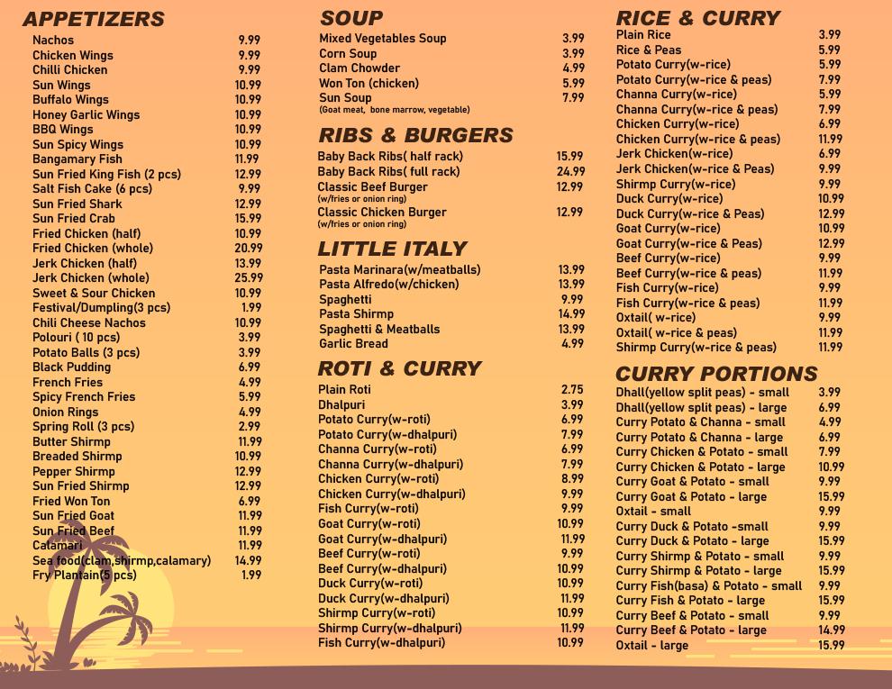 Caribbean Sun Restaurant, Bar & Grill | 2 Steinway Blvd unit 13,14,15, Etobicoke, ON M9W 6J8, Canada | Phone: (416) 798-4040