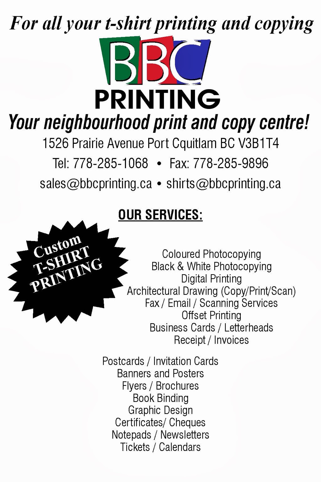 BBC Printing | 1526 Prairie Ave, Port Coquitlam, BC V3B 1T5, Canada | Phone: (778) 285-1068