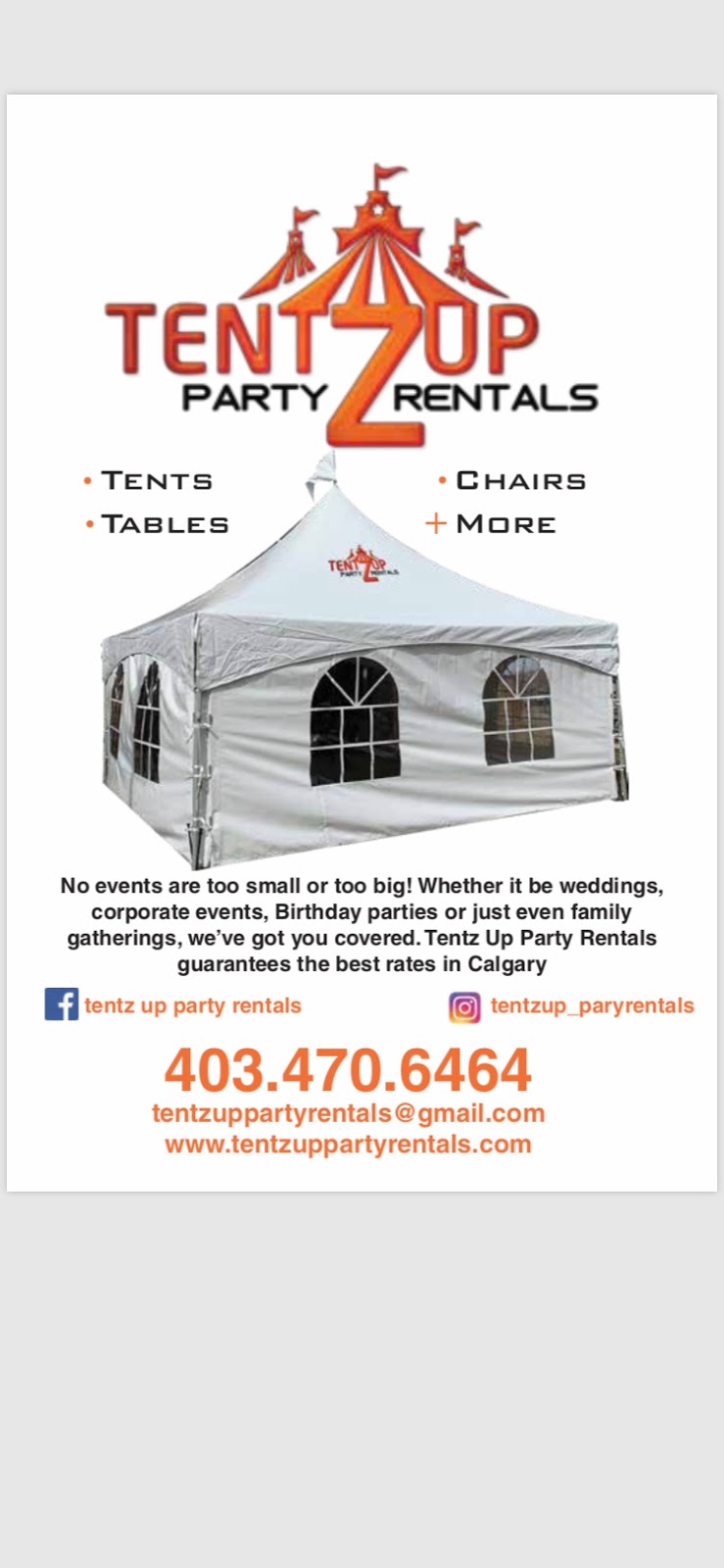 Tentz Up Party Rentals | point of interest | 125 Seagreen Link, Chestermere, AB T1X 0E9, Canada | 4034706464 OR +1 403-470-6464