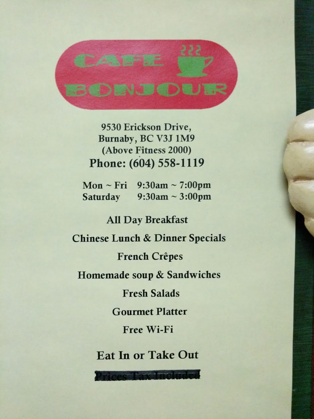Cafe Bonjour | 9530 Erickson Dr, Burnaby, BC V3J 1M9, Canada | Phone: (604) 558-1119