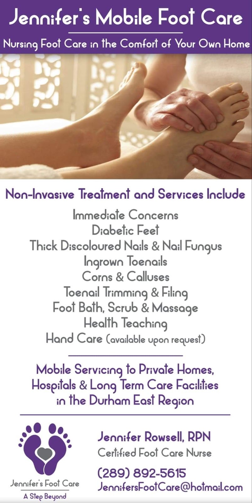 Jennifers Mobile Nursing Foot Care | Liberty St S, Bowmanville, ON L1C 2W1, Canada | Phone: (289) 892-5615