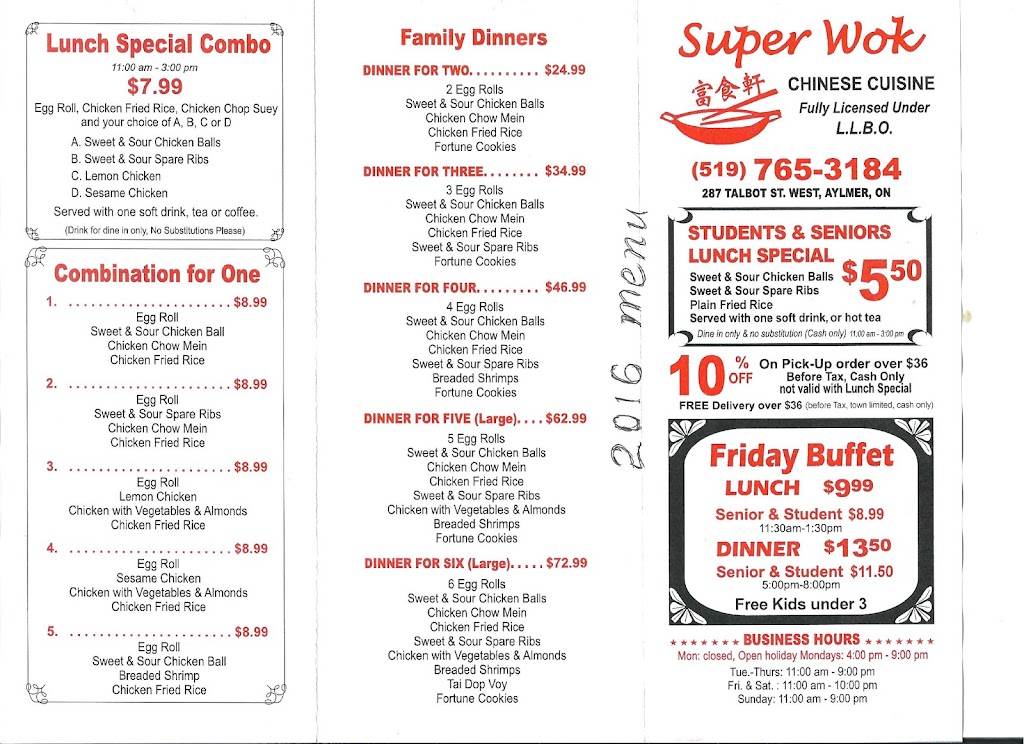 Super Wok Chinese Restaurant | 287 ON-3, Aylmer, ON N5H 1J9, Canada | Phone: (519) 765-3184