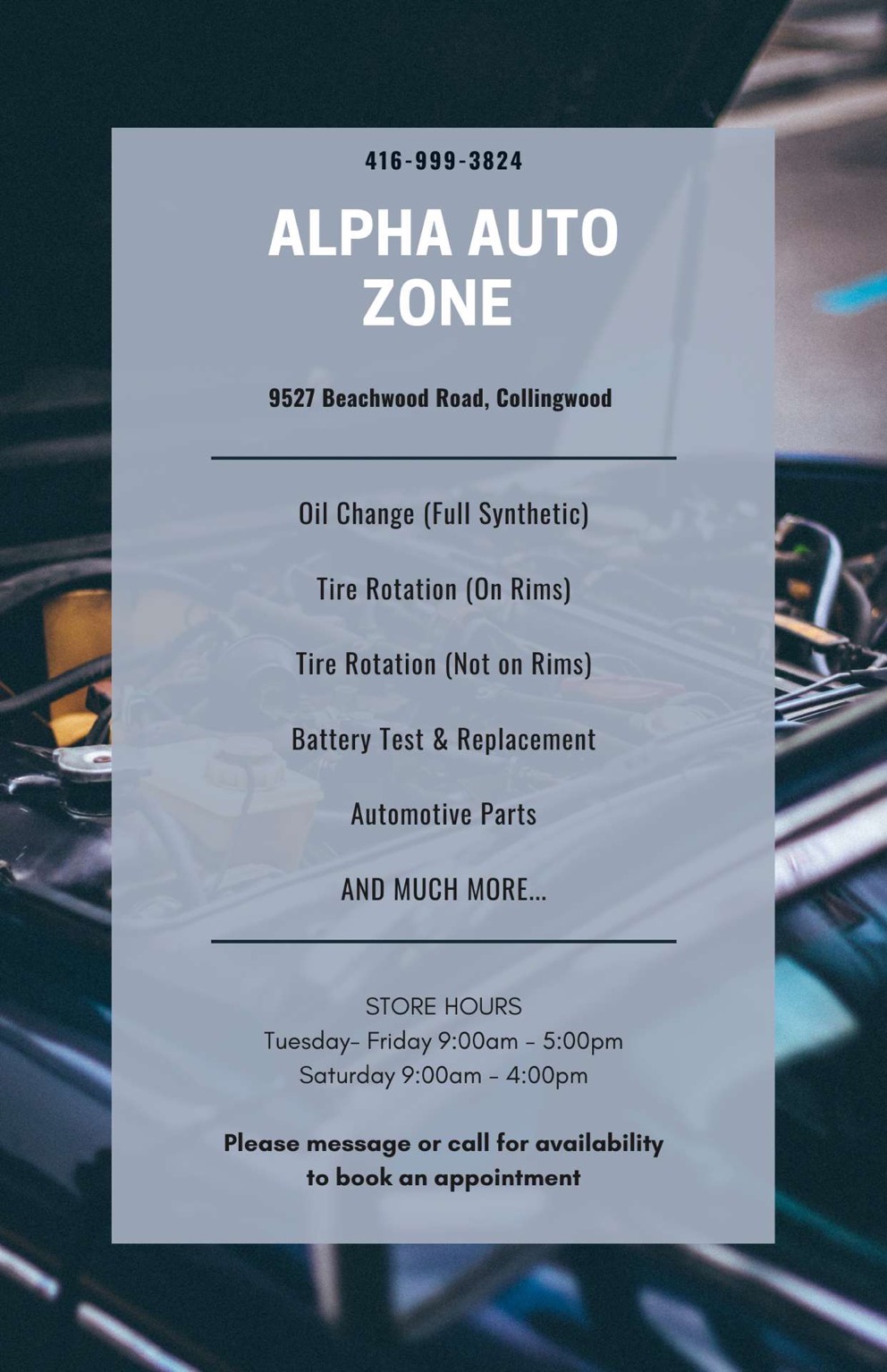 Alpha Auto Zone | 9572 Beachwood Rd, Collingwood, ON L9Y 3Z1, Canada | Phone: (416) 999-3824