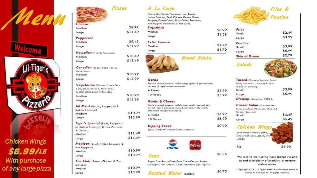 Lil Tigers Pizzeria Gananoque | 125 King St E, Gananoque, ON K7G 1G3, Canada | Phone: (613) 929-8646