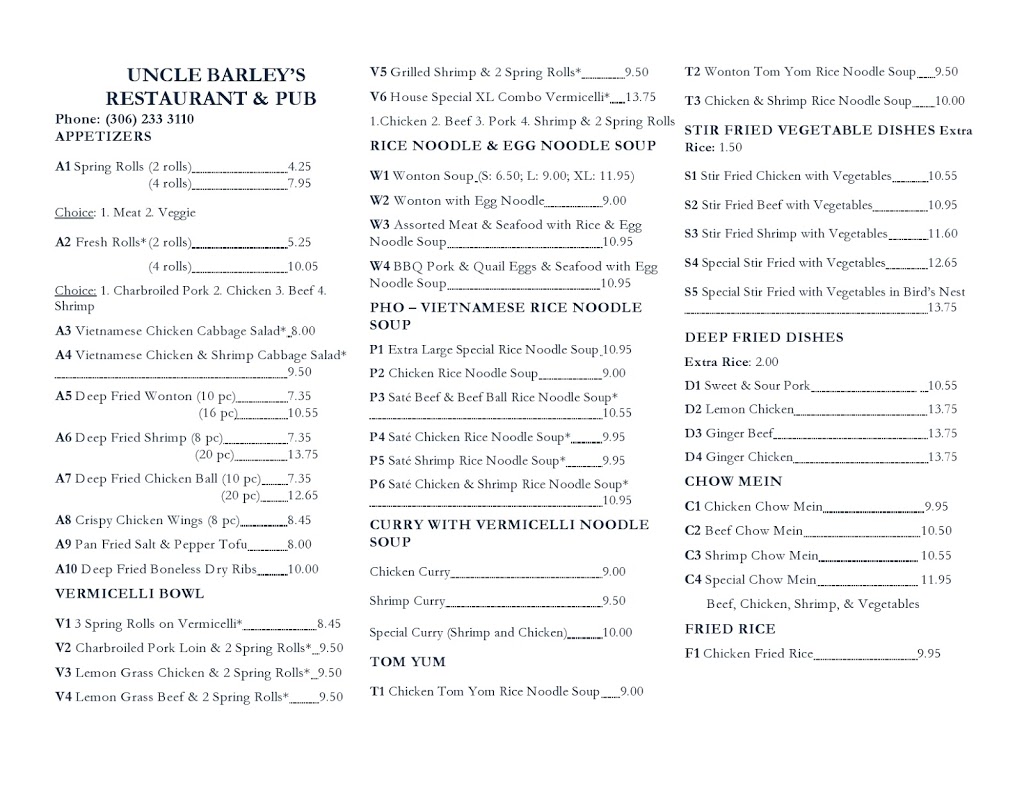 Uncle Barleys Vietnamese Restaurant | 100 1 St S, Wakaw, SK S0K 4P0, Canada | Phone: (306) 233-3110