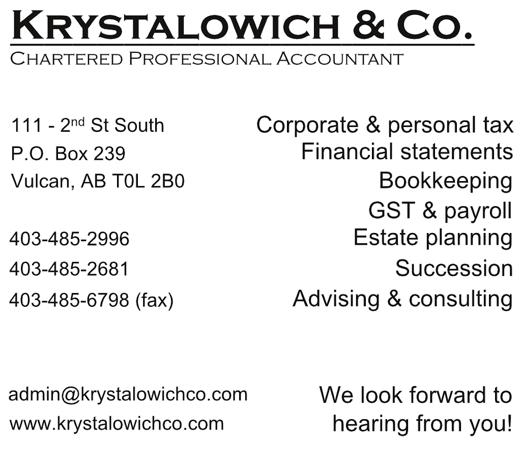 Krystalowich And Co. | 111 2 St S, Vulcan, AB T0L 2B0, Canada | Phone: (403) 485-2996