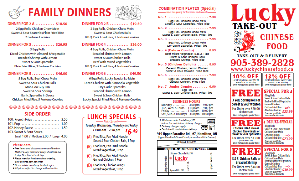 Lucky Chinese Food Takeout 919 Upper Paradise Rd, Hamilton, ON L9B