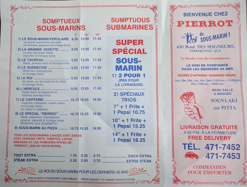 Chez Pierrot Le Roi Soumarin | 450 Boulevard des Seigneurs, Terrebonne, QC J6W 1T3, Canada | Phone: (450) 471-7452