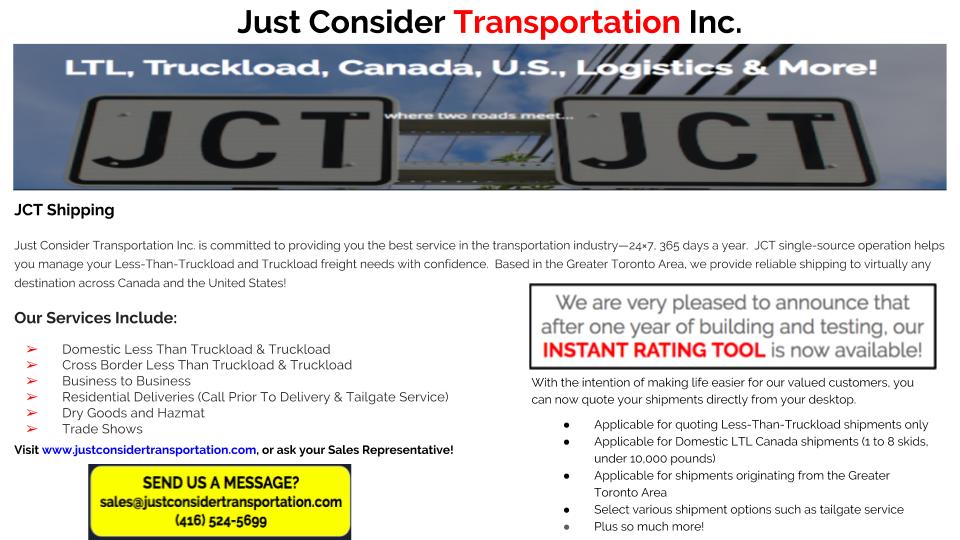 Just Consider Transportation Inc. | 100 Turbine Dr, North York, ON M9L 2S2, Canada | Phone: (416) 524-5699