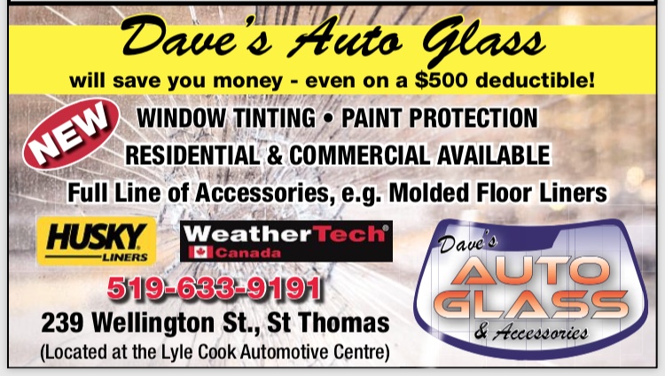 Dave’s auto glass & accessories & Tint Service | 239 Wellington St Bay 2, St Thomas, ON N5R 2S6, Canada | Phone: (519) 633-9191