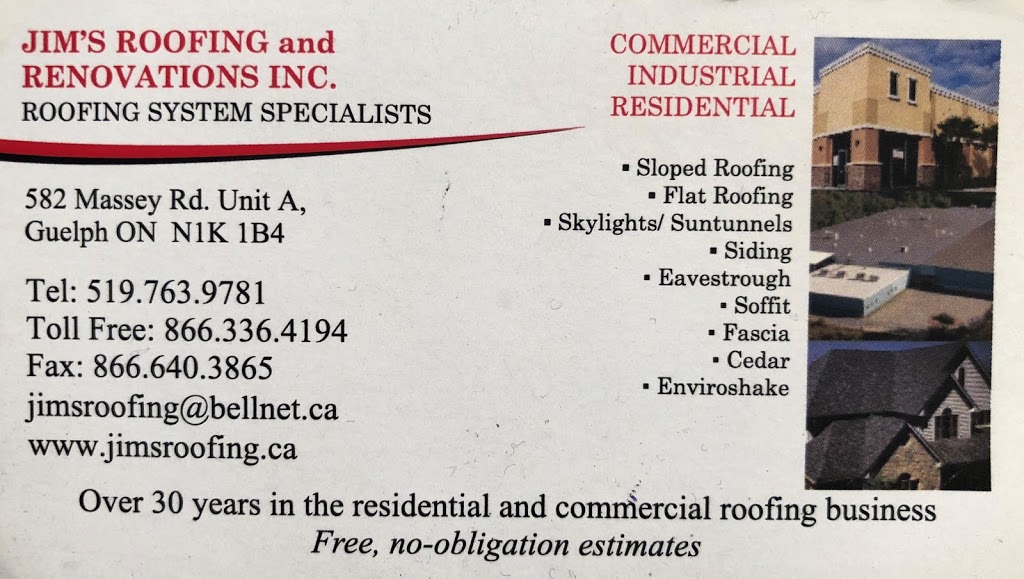 Jims Roofing and Renovations Inc. | 582 Massey Rd Unit A, Guelph, ON N1K 1B4, Canada | Phone: (519) 763-9781
